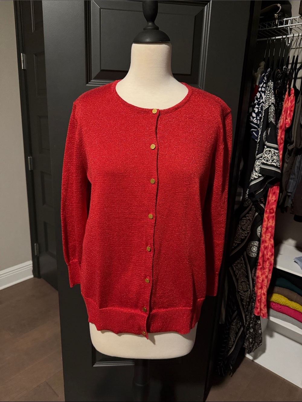 Nue Options Red Button-Front Cardigan with Gold Buttons